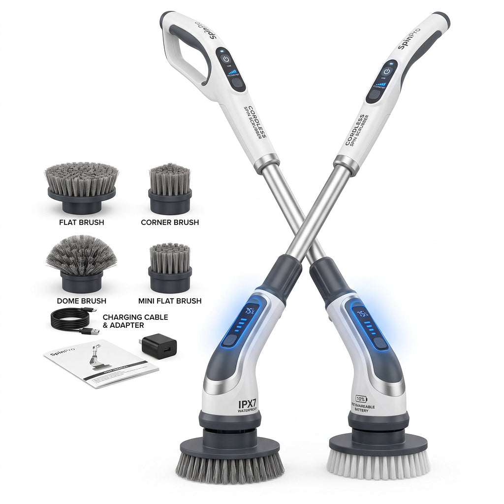 Cordless Electric Spin Scrubber – Powerful Bathroom Cleaning Brush with Adjustable Handle and Multiple Heads